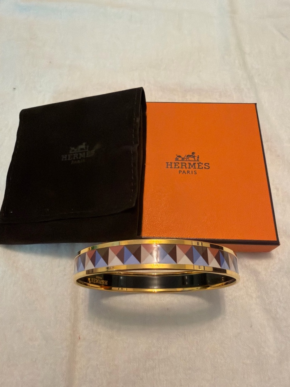 Hermès Enamel Geometric Gold-Trim Bangle Bracelet - Purple & Brown